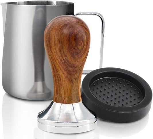 KYONANO Espresso Tamper 51mm - Coffee Tamper with Dalbergia Odorifera Handle - Espresso Press Hand Tamp PLUS Free Milk Frothing Pitcher 12oz/350ml, Silicone Tamper Mat - Fits 51mm Delonghi Portafilter