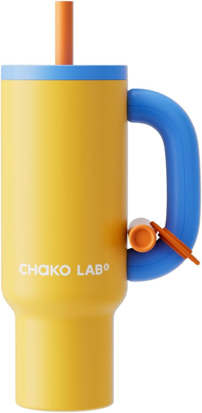 BaWang Insulated Stainless Steel Tumbler | Tumbler with Handle and Straw 33oz | Cup Holder Friendly for Travel | Leakproof Water Bottle | BPA-Free | 316 stainless steel liner| yellow＆blue