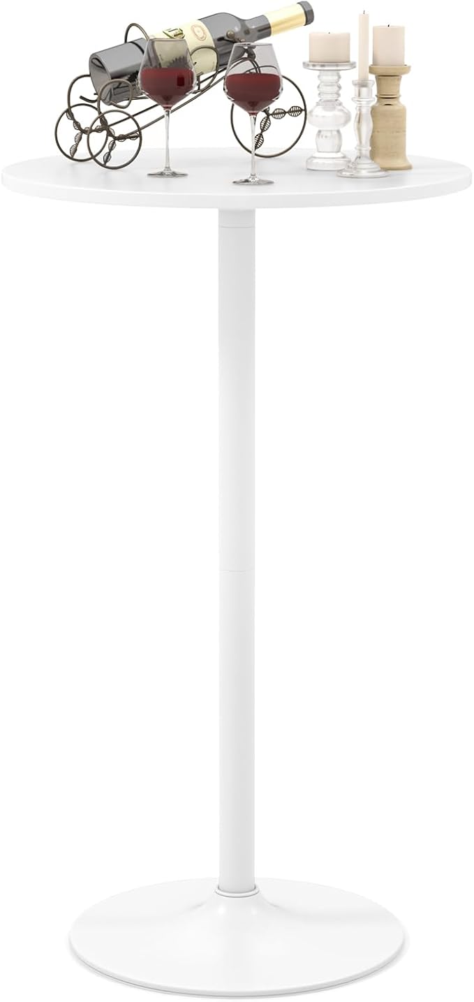 COSTWAY Round Bistro Table, Height Adjustable Bar Height Cocktail Table, High Top Pub Table Snack Table with Heavy-Duty Metal Base for Home Bar, Dining Room, Restaurant, White