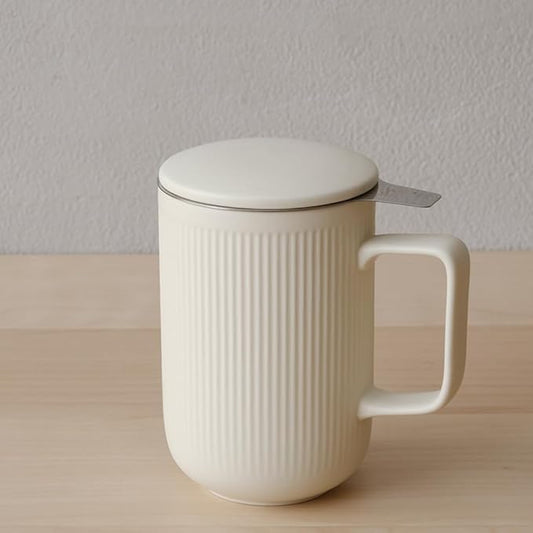 WENSHUO Ceramic Tea Infuser Cup with Stainless Steel Brewing Basket and Lid, Perfect for Steeping Floral Teas, Large Capacity, 20oz, Matte Crème