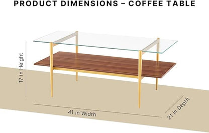 Shrine Rectangle Coffee Table, Mid-Century Modern Design, 2-Tier Structure, Clear Glass Top and Walnut MDF Shelf, 41" D x 21" W x 17" H, Sleek Conical Metal Legs with Gold Finish