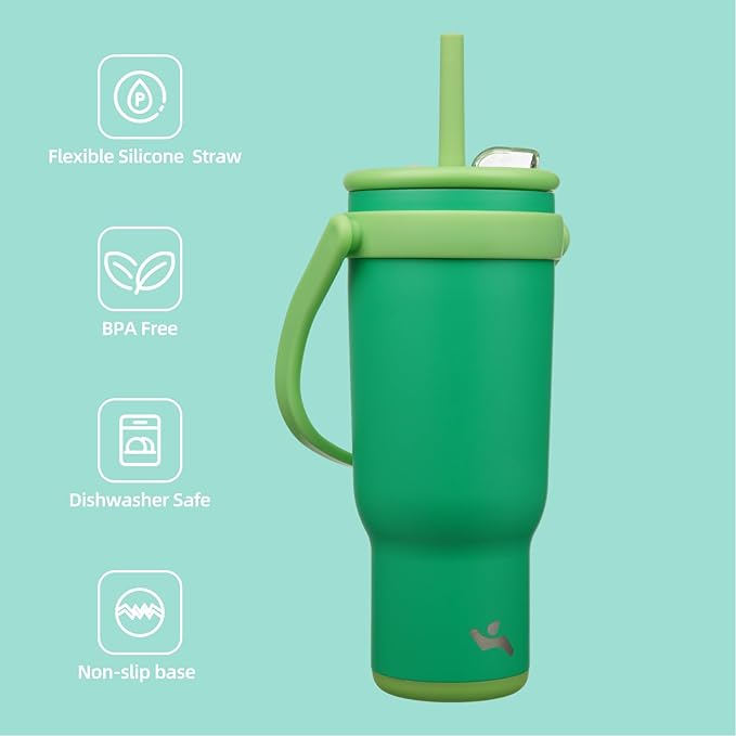 40 oz Tumbler with Side Handle, Insulated Water Bottle with Straw and 2 in 1 Lid, Stainless Steel Cup Travel Coffee Mug for Sports Office Gym,Olive Green