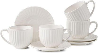 Ceramic Espresso Cups with Saucers 8 Oz,Set of 4 Porcelain Demitasse Cups Set,Small Coffee Cups with Handle for Coffee,Tea,Latte and Macchiato,Cappuccino Mugs for Kitchen and Cafe,White