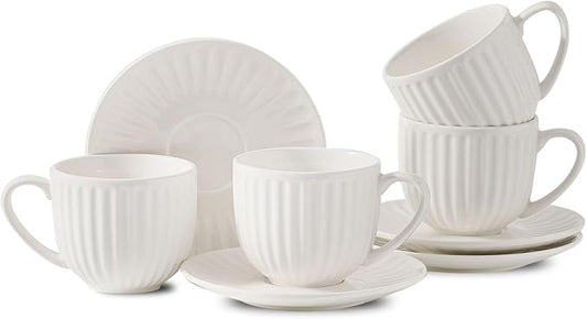 Ceramic Espresso Cups with Saucers 8 Oz,Set of 4 Porcelain Demitasse Cups Set,Small Coffee Cups with Handle for Coffee,Tea,Latte and Macchiato,Cappuccino Mugs for Kitchen and Cafe,White