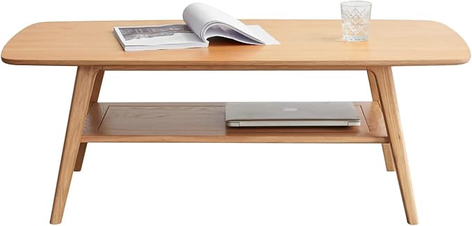 Wood Coffee Table - 100% Solid Oak Wood - Double Storage Coffee Table, Eco-Friendly Finish Center Table - Easy Assembly (Natural, 47.24" D x 22.04" W x 17.32" H)