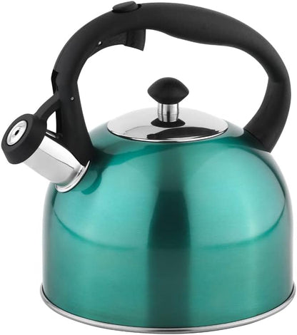 Amazon Basics Stainless Steel Tea Kettle, Hot Water Kettle with Whistle Spout, Fast Boiling, Ergonomic Handle, 2.4-Quart, Teal