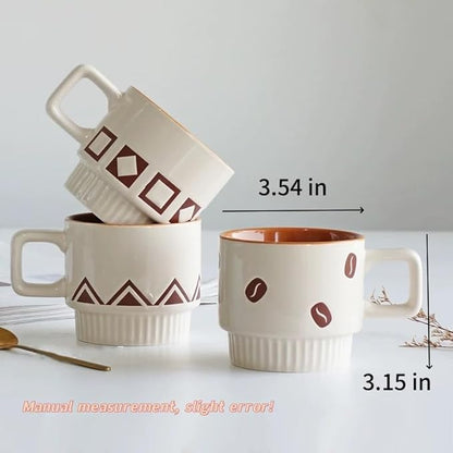 Stackable Coffee Mugs Set, Ceramic Espresso Cups for Au Lait, Cappuccino,Latte,Cafe,Mocha,Tea, Geometric Pattern Cups Suit For Housewarming Wedding- 11 oz, Set of 4, Beige&Brown