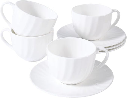 Fine Bone China Cappuccino Mugs Set of 4, 7 Oz Spiral Pattern Lightweight Ceramic, Art Coffee Cups with Saucers, for Latte, Mocha, Tea, Espresso, Macchiato, Americano
