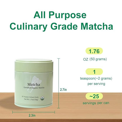 MatchAdmire Premium First Harvest USDA Certified Organic Green Tea Matcha Powder, Rich Flavor, 100% Vegan with No Fillers, Radiation-Free (50g Culinary Grade Matcha)