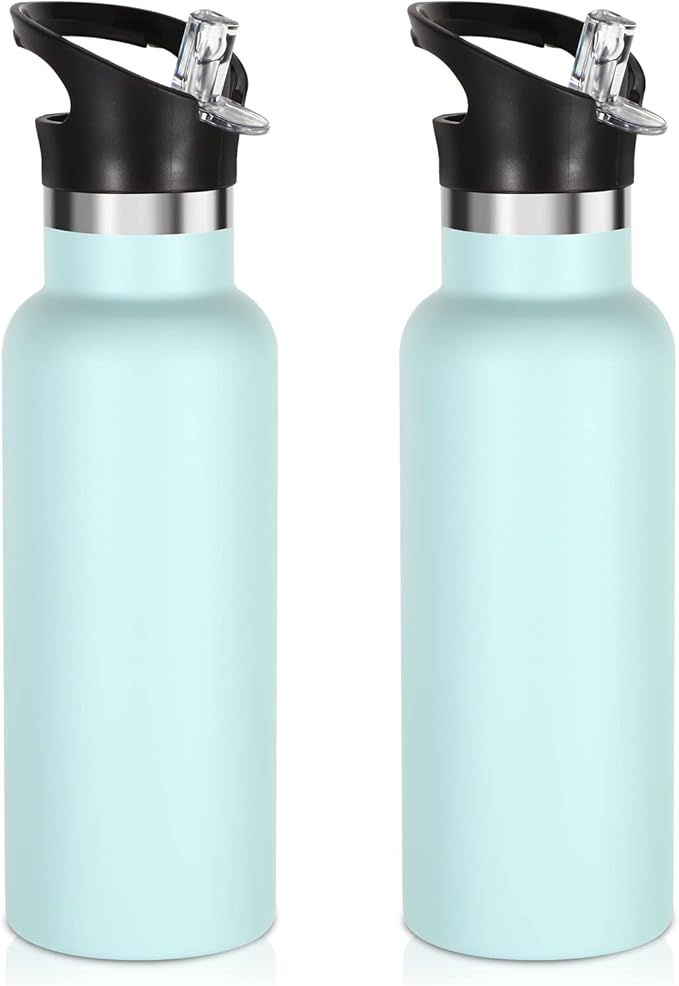 Volhoply 17oz Insulated Water Bottle Bulk 2 Pack,Stainless Steel Kids Water Bottles with Straw Lid,Double Wall Vacuum Metal Water Bottle,Reusable Sports School Flask Keep Hot & Cold (Fog,2 Set)