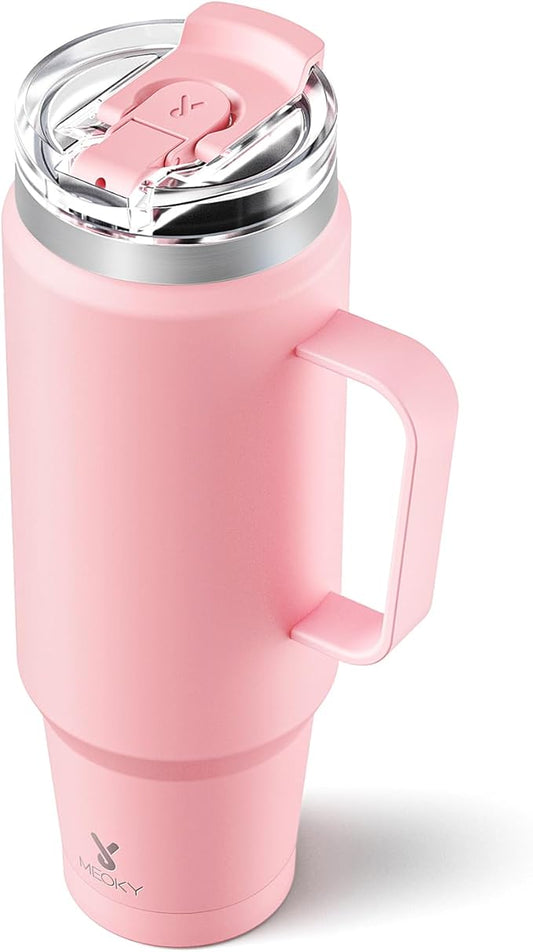 Meoky 40oz Tumbler with Handle, Stainless Steel Travel Mug with 2-in-1 Straw and Sip Lid, Vacuum Insulated Coffee Mug, 100% Leak Proof, Keeps Cold for 34 Hours or Hot for 10 Hours (Blush)