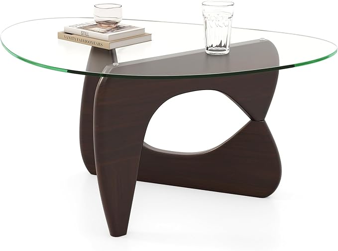 Giantex Triangle Glass Coffee Table, Solid Wood Tea Table with Tempered Glass Top & Adjustable Base, Small Accent Table for Small Spaces, Mid Century Modern Center Table for Living Room (Walnut)
