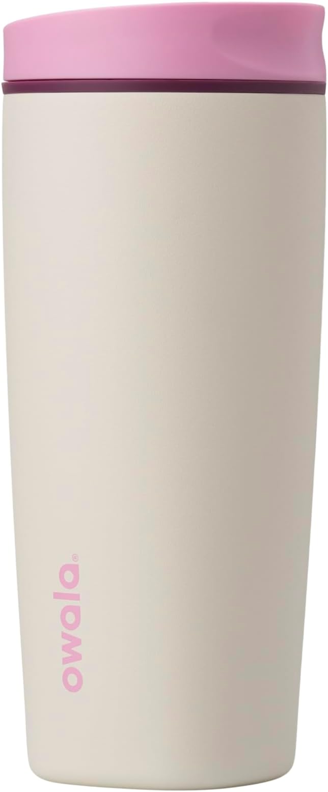 Owala SmoothSip Slider Insulated Stainless Steel Coffee Tumbler, Reusable Iced Coffee Cup, Hot Coffee Travel Mug, BPA Free 20 oz, Pink/Tan (Daybreak)