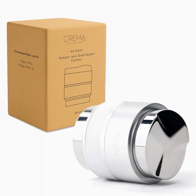 Crema Coffee Products | 45.5mm Coffee Distributor/Leveler & Hand Tamper | Fits Flair Pro and Pro 2 | Double Sided, Adjustable Depth | Beautiful Espresso Hand Tampers (45.5mm) (Silver)