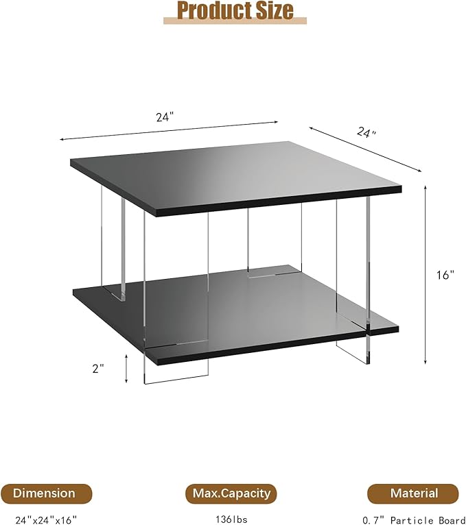 24" Acrylic Coffee Table with Black Wood Tabletop, Minimalist Stylish Modern Square Center Table for Living Room,Led Living Room Table with Storage Shelf & Acrylic Frame for Small Space