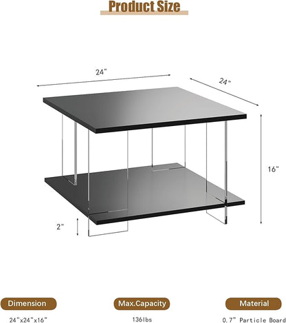 24" Acrylic Coffee Table with Black Wood Tabletop, Minimalist Stylish Modern Square Center Table for Living Room,Led Living Room Table with Storage Shelf & Acrylic Frame for Small Space