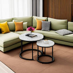 Load image into Gallery viewer, aboxoo Round Nesting Coffee Table Side Table Set of 2 End Tables for Living Room Bedroom Balcony, White Faux Marble Wooden Table Accent Coffee Table with Black Steel Frame