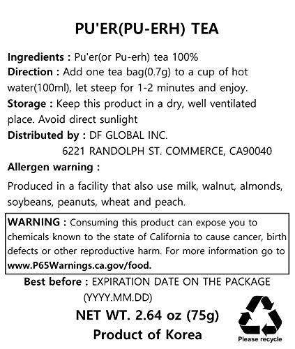 Damtuh Korean Pu-erh Tea – Aged & Smooth Dark Tea, Full-Bodied Earthy Flavor – 50 Tea Bags (0.7g each)