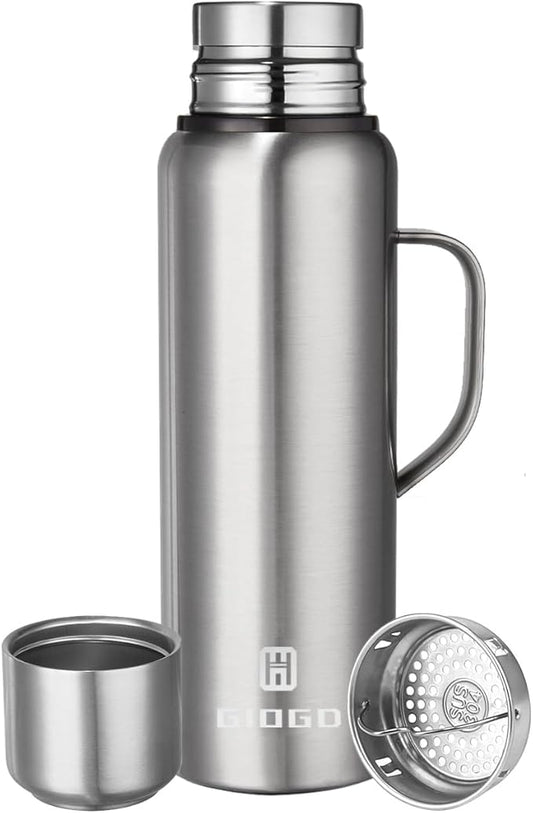 Insulated Vacuum Thermo Bottle 1000ml/33.8oz with Cup Stainless Steel Coffee Bottles for Hot and Cold Drink Water Flask.(Silver, with Handle, 1000ml)