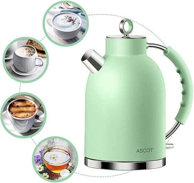 Electric Kettle ASCOT, Tea Kettle Hot Water Kettle Stainless Steel Kettle 1.5L 1500W Retro Tea Heater & Boiling Water, Auto Shut-Off and Boil-Dry Protection (Matte Green)