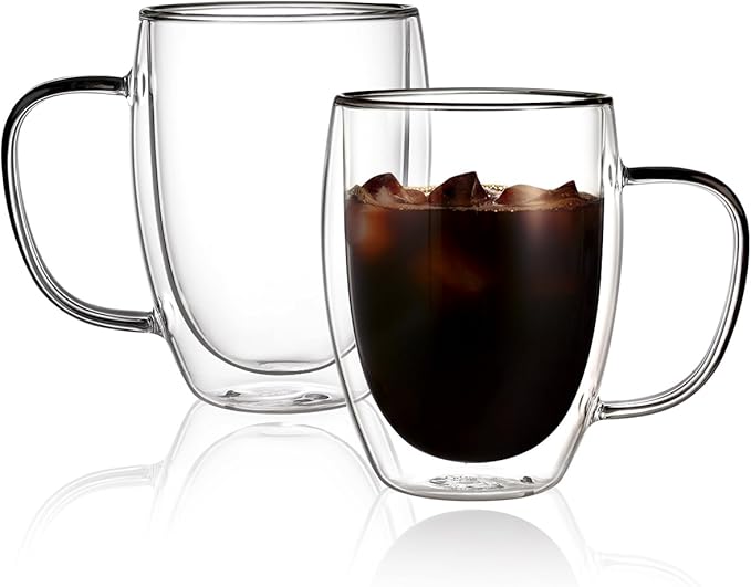 CNGLASS 12oz Double Walled Glass Coffee Mugs,Insulated Glass Mugs with Handle,Clear Espresso Cups for Latte,Cappuccino,Tea Bag,Set of 2