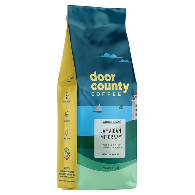 Door County Coffee Jamaican Me Crazy® Flavored Whole Bean - 10 oz Bag - Medium Roast - 100% Specialty Arabica - Flavored Gourmet - Jamaican Me Crazy