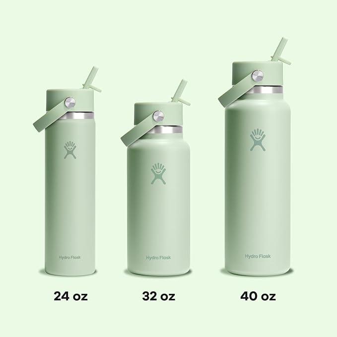 Hydro Flask Water Bottle - Insulated Stainless Steel - Wide Mouth Flex Straw Lid, Non Spill, Leakproof and Refillable in 40 Oz Aloe Green