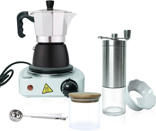 DS&DV Moka Pot Kits,Glass Bean Jar,Spoon Clamp,Powder Distributor,Hand-Operated Bean Mill,Filter Paper,Coffee Maker for Traveling (Moka Pot Set)