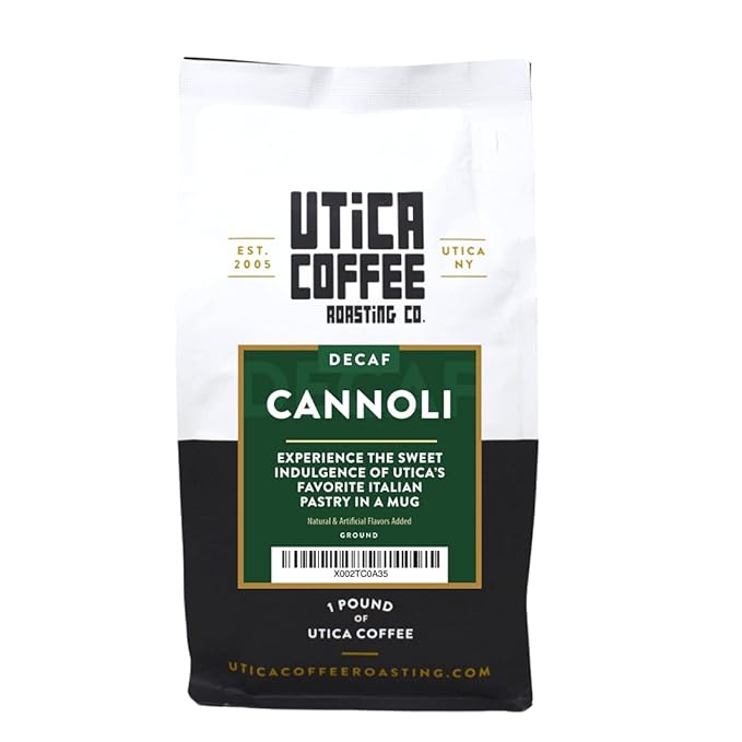 Utica Coffee Roasting Co. Decaf Cannoli | Specialty Flavored Medium Roast Ground Coffee | 16 Oz Reclosable Bag