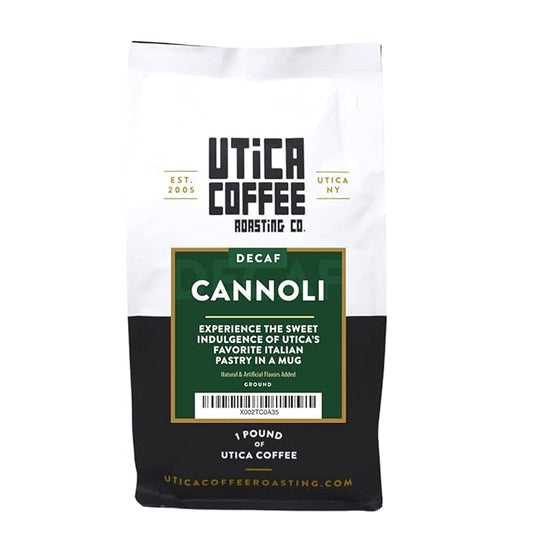 Utica Coffee Roasting Co. Decaf Cannoli | Specialty Flavored Medium Roast Ground Coffee | 16 Oz Reclosable Bag