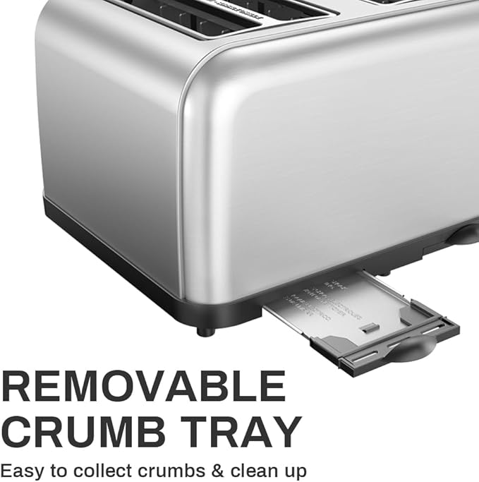 Toaster 4 Slice, Dual Independent Controls, Extra Wide Slot Toasters for Bagel, Bread, Waffles, 7 Shade Settings, 4 Main Functions, Removable Crumb Tray, 1500 Watts, Brushed Stainless Steel