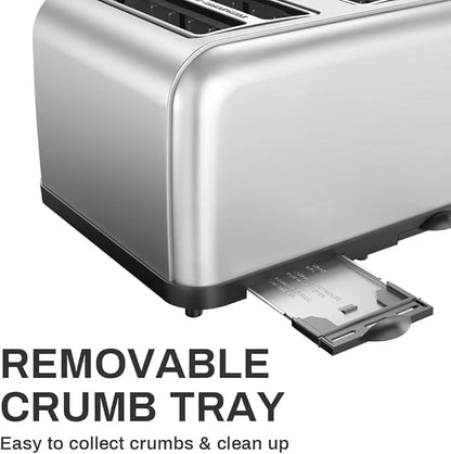 Toaster 4 Slice, Dual Independent Controls, Extra Wide Slot Toasters for Bagel, Bread, Waffles, 7 Shade Settings, 4 Main Functions, Removable Crumb Tray, 1500 Watts, Brushed Stainless Steel