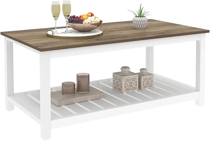 FOLUBAN Farmhouse Coffee Table with Storage Shelf, Rustic Vintage Wood Cocktail Table for Living Room, White