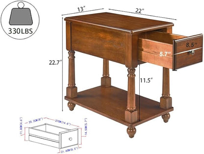 PADMA HOUSE Solid Wood Narrow End Table with Drawer, Vintage Rectangle Sofa Side Table with Storage Shelf Mid-Century Apartment Slim Bedside Table for Small Spaces,13 * 22 * 22.3in