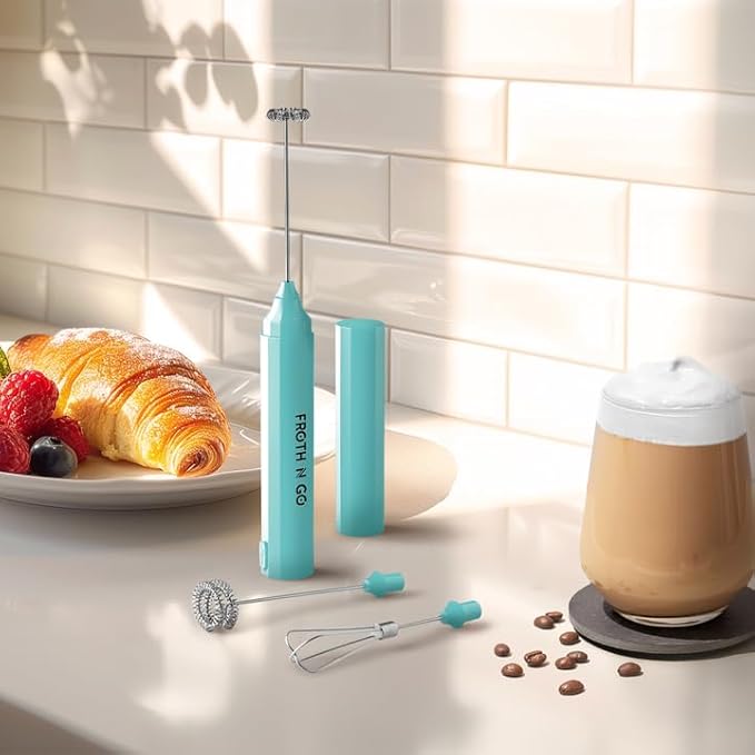 Zulay Kitchen FrothMate Powerful Milk Frother Portable & Compact Handheld Foam Maker Lattes, Cappuccinos (Aqua, Froth N Go)