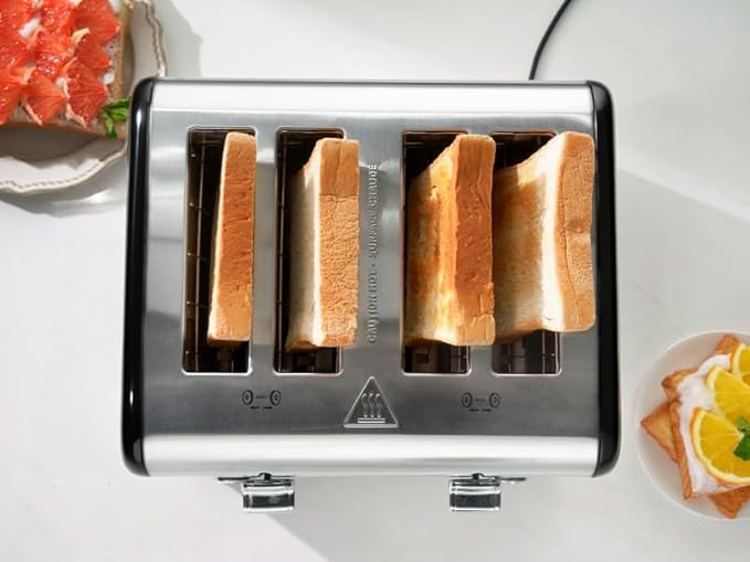 Roter Mond Countdown Stainless Steel 4 Slice Toaster with Bagel, Defrost, Cancel Function, Dual Toaster, Extra Wide Slots, 6 Shade Settings, Removable Crumb Trays, 1650W, Black