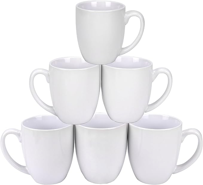 Schliersee 16 OZ White Porcelain Coffee Mugs Set of 6, Large Coffee Cups with Handle for Latte, Hot Tea, Coffee, Cappuccino, Cocoa, Milk, Water, espresso Porcelain Mug Cups, Microwave Safe