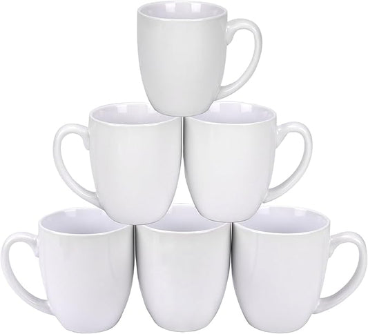 Schliersee 16 OZ White Porcelain Coffee Mugs Set of 6, Large Coffee Cups with Handle for Latte, Hot Tea, Coffee, Cappuccino, Cocoa, Milk, Water, espresso Porcelain Mug Cups, Microwave Safe