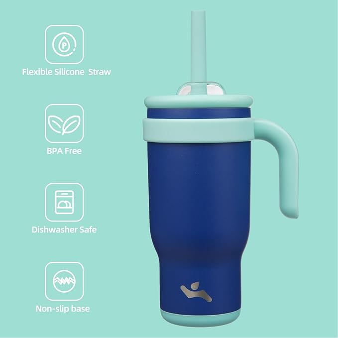 18 oz Tumbler with Side Handle, Insulated Water Bottle with Straw and 2 in 1 Lid, Stainless Steel Cup Travel Coffee Mug for Sports Office Gym,Dark Blue