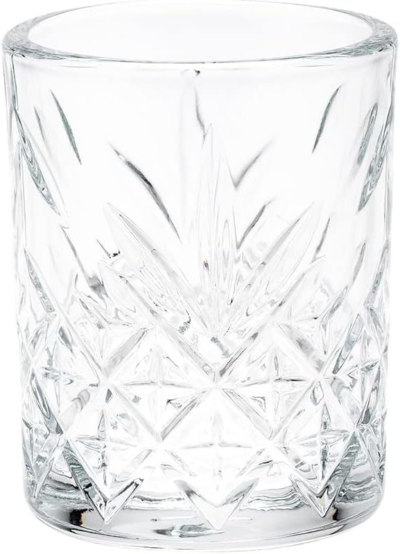 Restaurantware Timeless 2 Ounce Shot Glasses Set of 60 Etched Vintage Shot Glasses - Dishwasher-Safe Chip-Resistant Clear Glass Shot Glass Set Lead-Free For Whiskey Tequila or Vodka