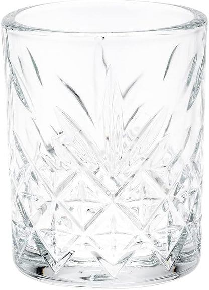 Restaurantware Timeless 2 Ounce Shot Glasses Set of 60 Etched Vintage Shot Glasses - Dishwasher-Safe Chip-Resistant Clear Glass Shot Glass Set Lead-Free For Whiskey Tequila or Vodka
