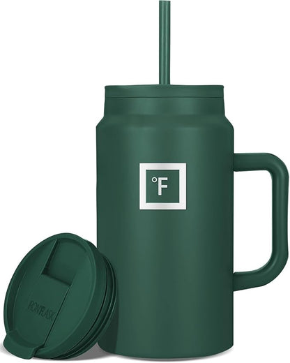 IRON °FLASK Co-Pilot Insulated Mug w/Straw & Flip Cap Lids - Cup Holder Bottle for Hot, Cold Drink - Leak-Proof - Water, Coffee Portable Travel Mug - Dark Pine, 50 Oz