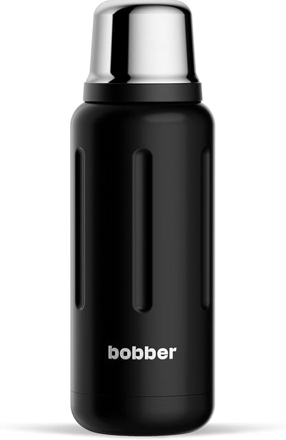 BOBBER 34 oz Stainless Steel Travel Thermos for Hot and Cold Drinks – Dishwasher Safe Metal Water Bottle with Cup Lid – Keeps Hot for 48 Hours – BPA-Free, Vacuum Insulated (Black Coffee)
