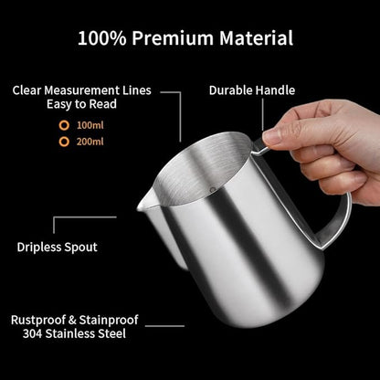 watchget Milk Frothing Pitcher 250ml/8oz Stainless Steel Espresso Steaming Pitcher Milk Coffee Cappuccino Latte Art Barista Steam Jug Espresso Frother Cup, Silver