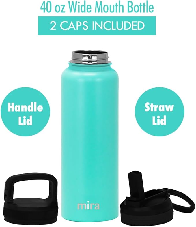 MIRA 40 oz Insulated Water Bottle - Stainless Steel Sports Flask with 2 Lids (Straw & Handle) - Cold Drink Thermo - Teal