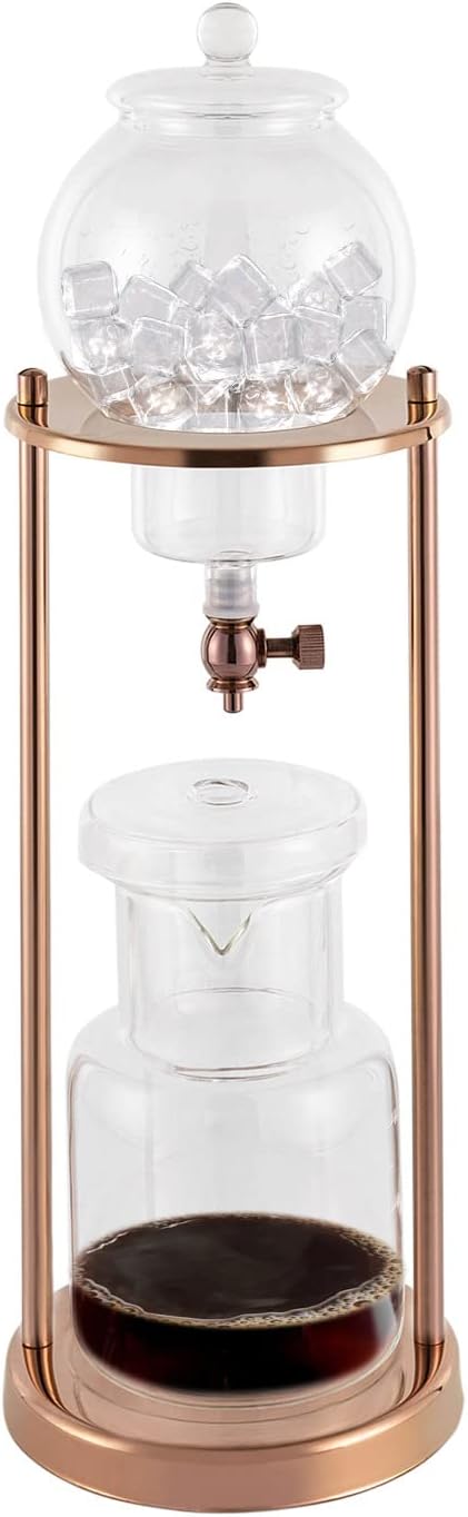 LOYALHEARTDY Ice Cold Brew Dipper Coffee Maker, 600 ml Luxury Iced Coffee Maker Smooth Drip Coffee Maker with Adjustable Rate Dipper Cold Brew Coffee Machine Ice Drip Coffee Maker for Coffee&Tea,Gold
