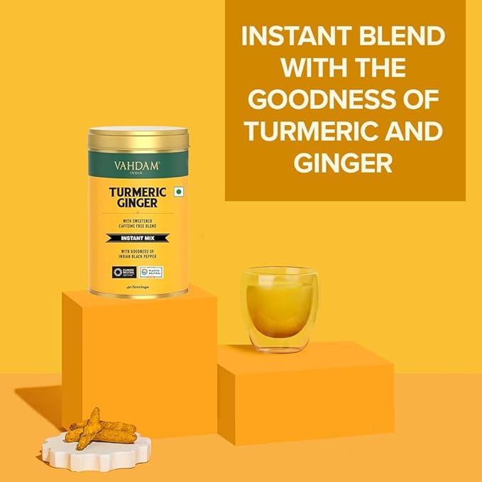 VAHDAM, Golden Milk Powder/Turmeric Ginger Latte Mix (100g, 40 Cups) Caffeine-Free | Powerful Curcumin, Turmeric Powder & Ginger | Brew Hot/Iced Tea