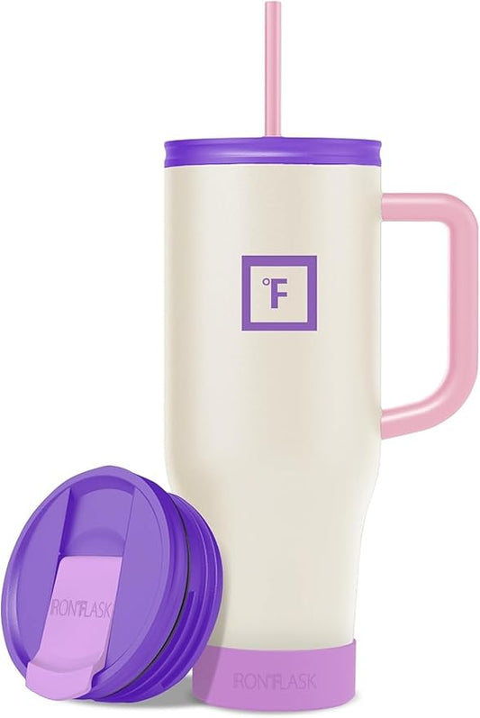 IRON °FLASK Co-Pilot Insulated Mug w/Boot, Straw & Flip Cap Lids - Cup Holder Bottle for Hot, Cold Drink - Leak-Proof - Water, Coffee Portable Travel Mug - Cream & Berries, 40 Oz