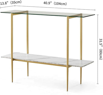 Glass Console Table for Living Room, Foyer & Entrance, 2-Tiers Mid-Century Modern Sofa Table with Clear Glass Top, White Marble Finish Wood Shelf and Gold Finish Frame
