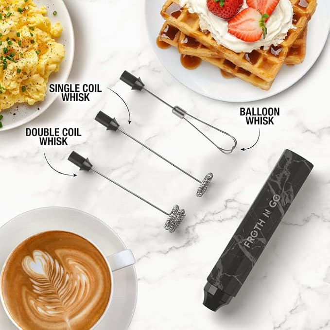 Zulay Kitchen Rechargeable Milk Frother Froth N Go Frother Wand With Case & USB-C Charger - Comes With 3 Whisk Attachments for Latte, Cappuccino, Matcha, Protein Shakes - Black Marble